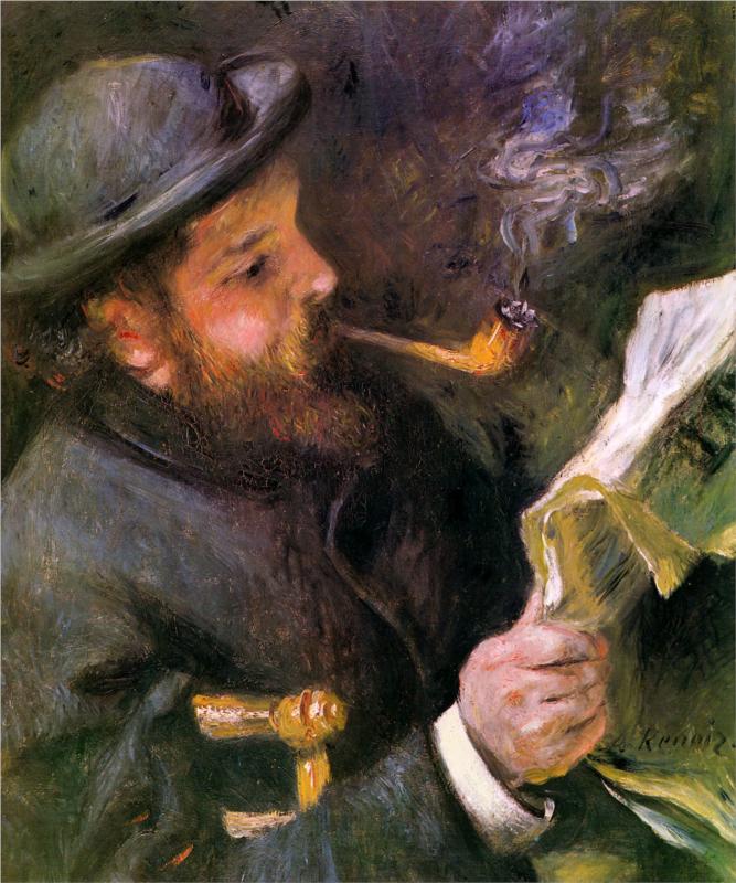Claude Monet Reading, (1872), by Jean August Renoir, courtesy of Wikipaintings
