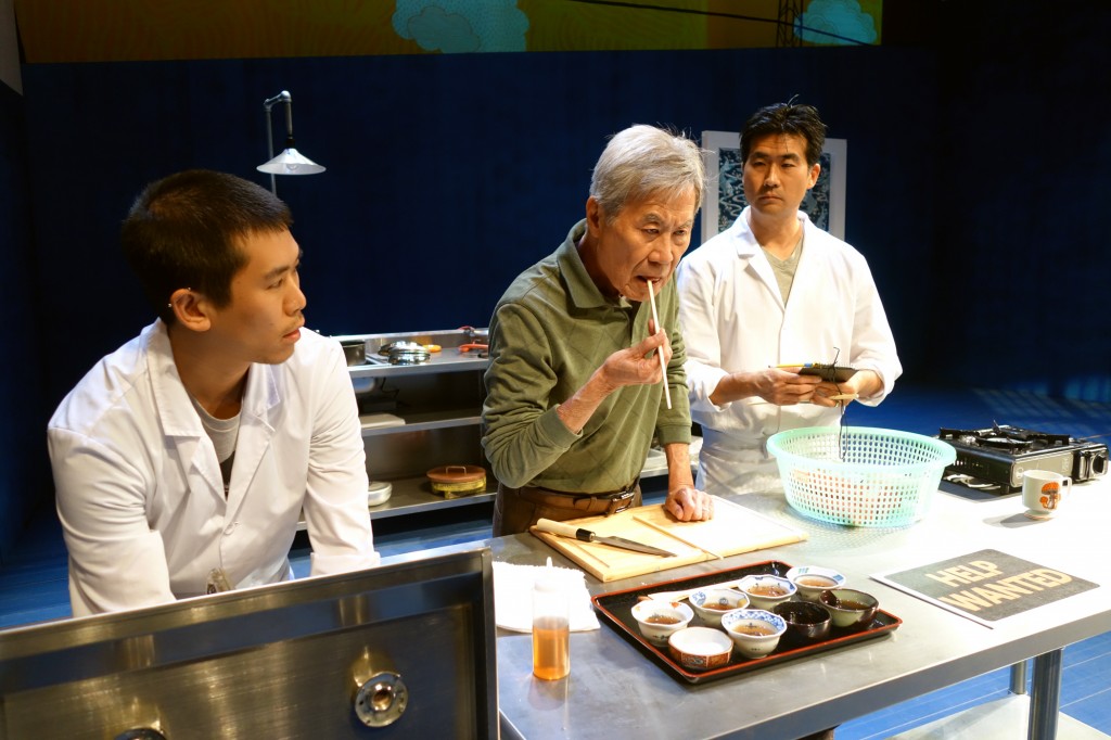l-r, Lawrence Kao, Sab Shimono and Ryun Yu in tokyo fish story at SCR