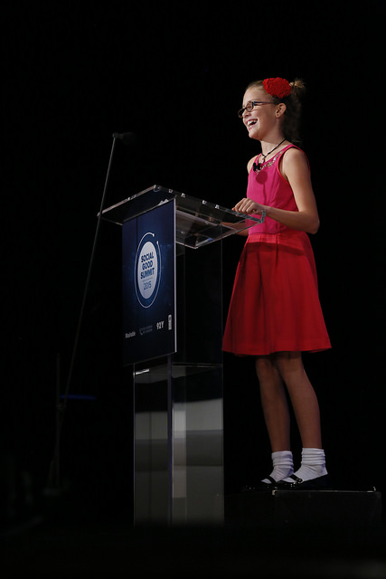 11-year old Vivienne Harr speaking at the 2015 Social Good Summit about STAND and Putting Your Passion to Action. Photo Credit:  Stuart Ramson / United Nations Foundation