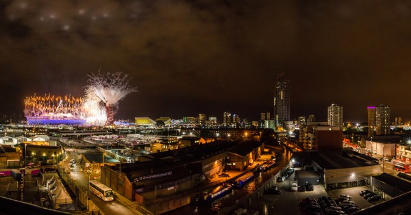 Fireworks at Olympic stadium and The Orbit during London Olympics opening ceremony (2012-07-27)