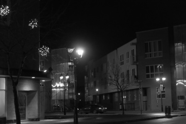 housing and walkway at night