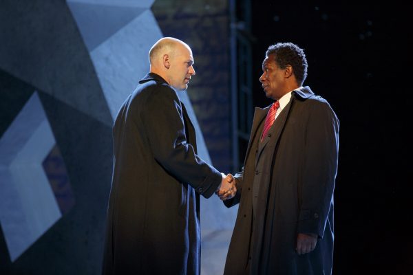 Corey Stoll and John Douglas Thompson in Julius Caesar. Credit: Joan Marcus