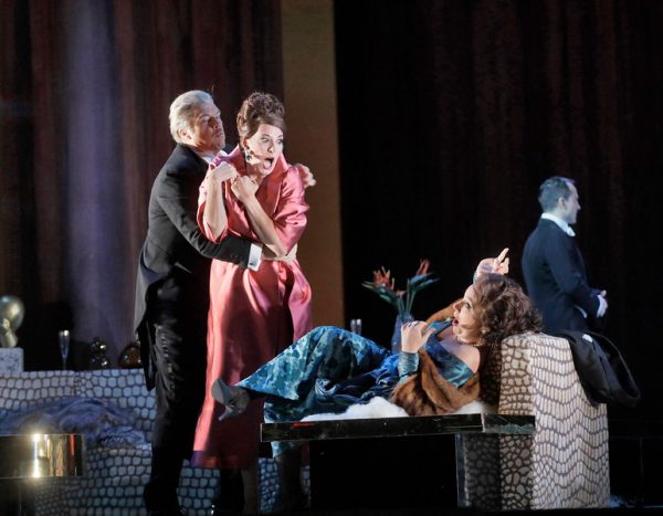 Rod Gilfry, Amanda Echalaz, and Christine Rice in The Exterminating Angel. Credit: Ken Howard/The Metropolitan Opera