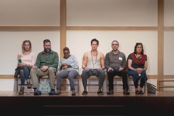 l-r: Brenna Palughi (Alicia), Ben Beckley (Ned), Edward Chin-Lyn (Rodney), Connor Barrett (Jan), Cherene Snow (Judy), Socorro Santiago (Joan) in Small Mouth Sounds at The Broad Stage.