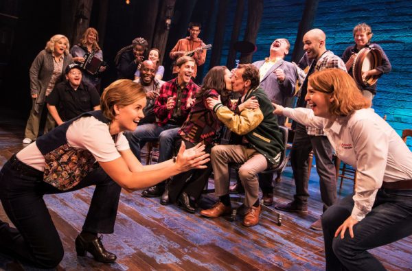 The ensemble company of Come From Away at The Ahmanson Theatre.