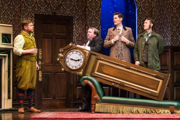 l-r, Peyton Crim, Scott Cote, Evan Alexander Smith & Ned Noyes in The Play That Goes Wrong at The Ahmanson Theatre.