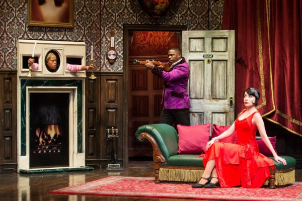 l-r, Angela Grovey, Yaegel T. Welch and Jamie Ann Romero in The Play That Goes Wrong at The Ahmanson Theatre.