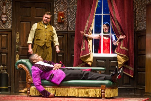 l-r, Peyton Crim, Yaegel T. Welch (lying down) & Jamie Ann Romero in The Play That Goes Wrong at The Ahmanson Theatre.