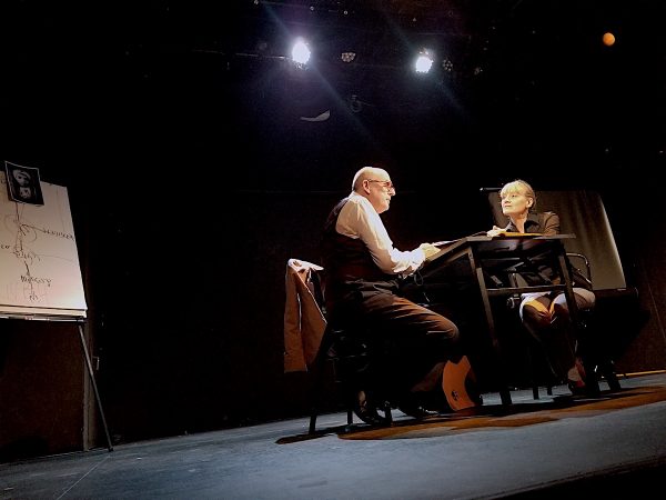 Scene from Le Corbeau Blanc at Avignon OFF 2019. Hervé Van der Meulen and Nadège Perrier play Eichmann and Dr. Baum. Photo by Adam Leipzig. 