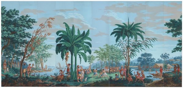 Joseph Dufour et Cie, printer, and Jean Gabriel Charvet, designer, Native Peoples of the Pacific Ocean, about 1804–06, block-printed opaque watercolor on paper, panels 8 and 16 reproductions by Garth Benton. Museum purchase, gift of Georgia M. Worthington and the Fine Arts Museums Trustees Fund; photograph by Randy Dodson; image courtesy of the Fine Arts Museums of San Francisco.
