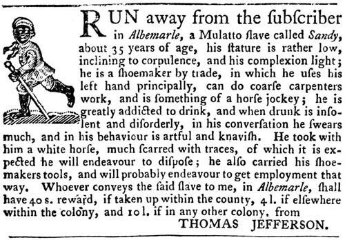 Jefferson places ad for a runaway slave