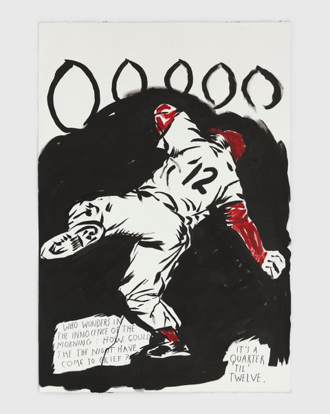No Title (Who wonders in) 2020 Ink and acrylic on paper 44 1/2 x 30 1/8 inches (113 x 76.5 cm) © Raymond Pettibon, Courtesy Regen Projects, Los Angeles 
