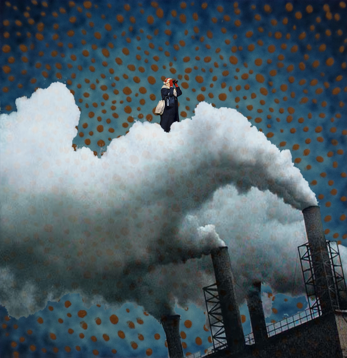 A digital collage titled Polluted of a person in a blue coat standing atop the smoke coming out of industrial smoke stacks. The background is dark blue with red orbs all around.