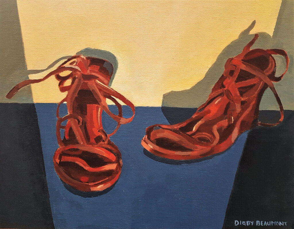 Two of two collaborations: Painting of a pair of brown platform shoes on a blue surface and yellow wall behind them.
